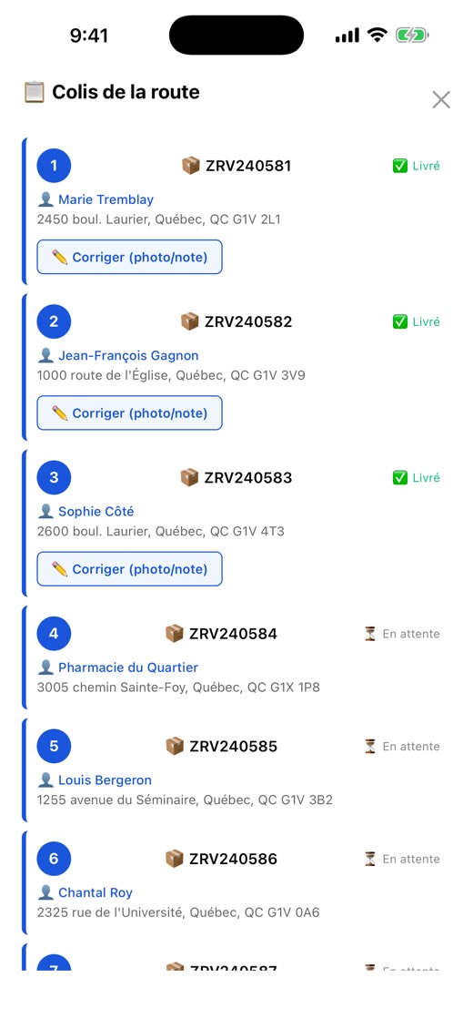 Liste des colis de la tournée avec leur statut
