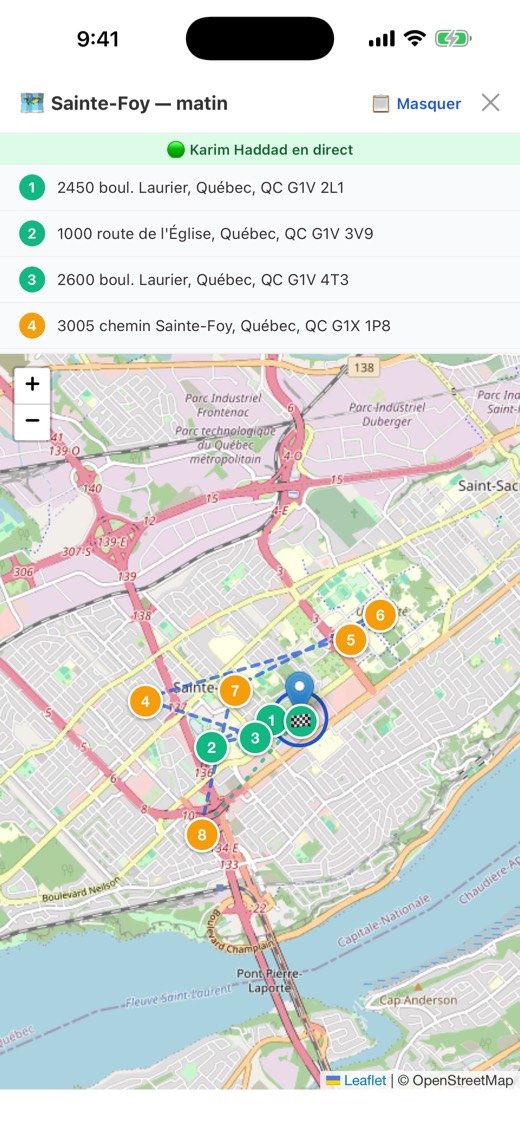 Carte en direct d'une tournée avec ses arrêts numérotés